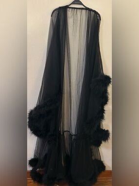 Sheer Black Feather Trim Robe Plus Size